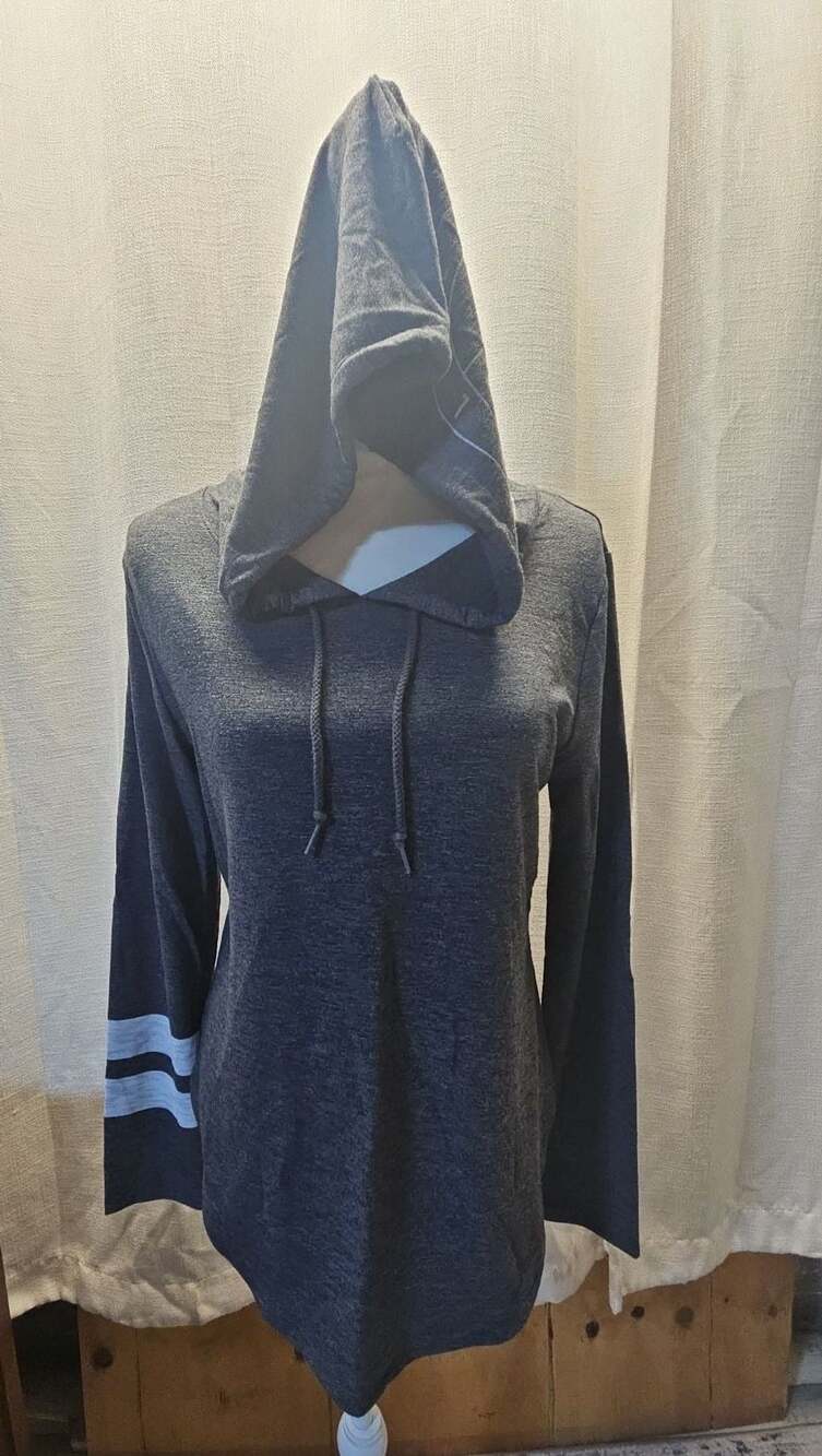 Victoria's Secret Pink Grey Long Sleeve Tunic Hoodie with Striped Sleeves and Lo